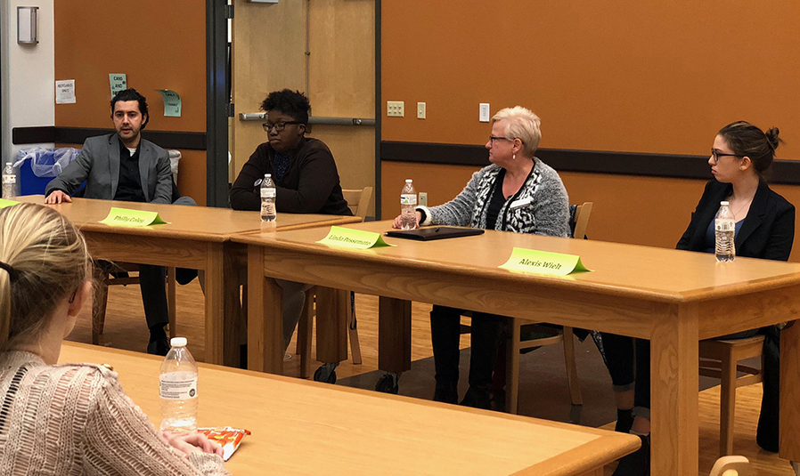 Steve Trevlakis, Linda Possemato, Phylicia Coley and Alexis Wielt spoke on the subject of first-generation college students at a January program.