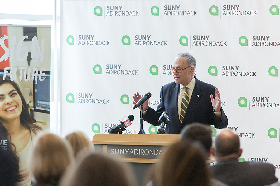 U.S. Senator Chuck Schumer talked about the important of Cybersecurity degree programs during a 2018 stop at SUNY Adirondack.