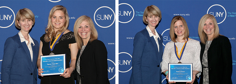 SUNY Chancellor Kristina M. Johnson, left, and SUNY Adirondack President Kristine Duffy, right, pose with Theresa Betz (left photo) and Stephanie McLain (right photo) during the Chancellor’s Awards for Student Excellence ceremony.