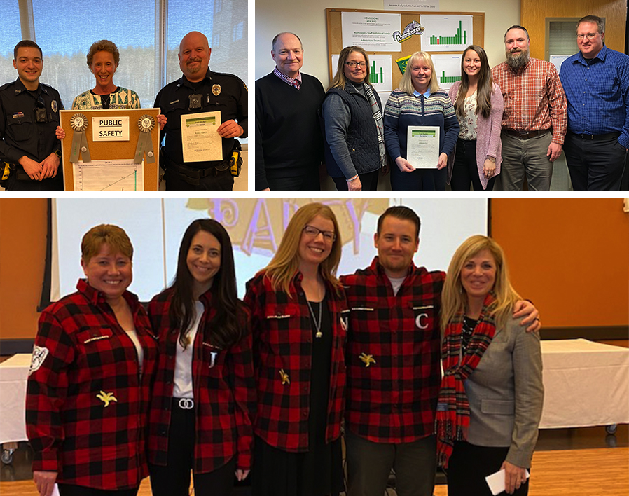 SUNY Adirondack Peace Officers (upper left) and the Office of Admissions (upper right) recently received Navigator status as part of the campus 4DX initiative. The Office of Student Success (bottom) received the Team Spirit award during a Jan. 29 4DX kick-off party.