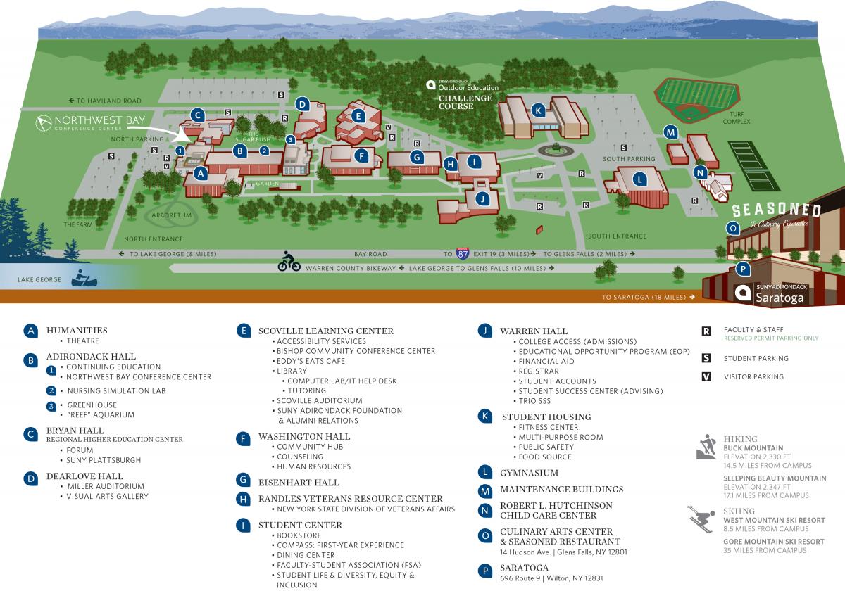Image of campus map with details of what is located in each building