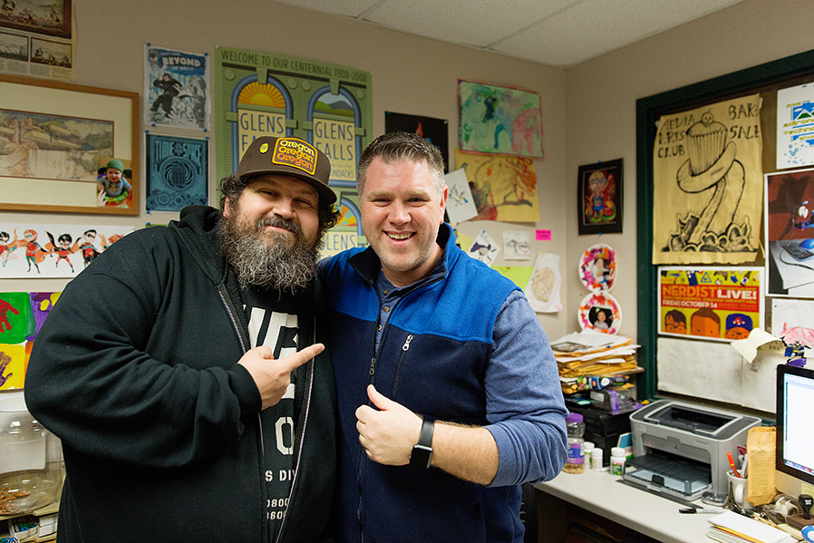 Nick Paigo talks with celebrity graphic designer Aaron Draplin of Draplin Design Co. during a 2017 visit to the college. The Media Arts program plans to bring Draplin back to campus in Spring 2020 for a student workshop and public lecture.
