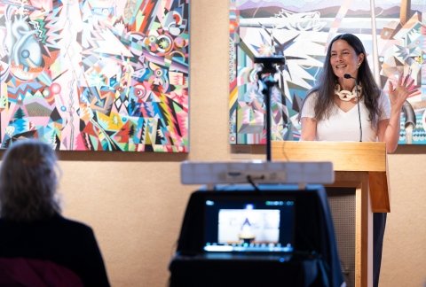 Soma Mei Sheng Frazier, professor at SUNY Oswego and author of “Off the Books,” spoke in the Visual Arts Gallery.