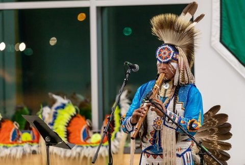 Larry Yazzie, a world-champion fancy dancer, performs at SUNY Adirondack