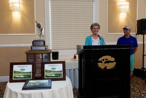 Leigh Beeman speaks at the 2019 fundraising event named in her late husband's honor.