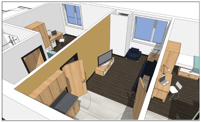 An architectural rending of the common space in a residence hall suite