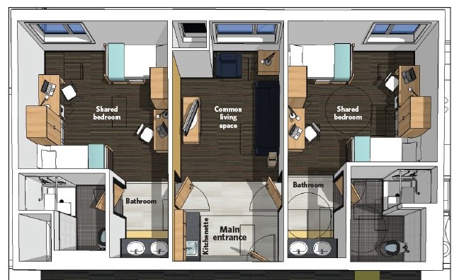 An architectural rending of the common and living spaces in a residence hall suite