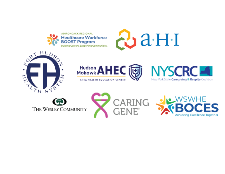 Logos from Adirondack Regional Healthcare Workforce BOOST Program, AHI, Fort Hudson Health System, Hudson Mohawk AHEC, NYSCRC, The Wesley Community, Caring Gene and WSWHE BOCES