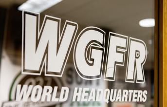 WGFR's logo is seen on the window of the radio studio