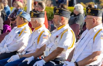 Veterans watch a Veterans Day ceremony