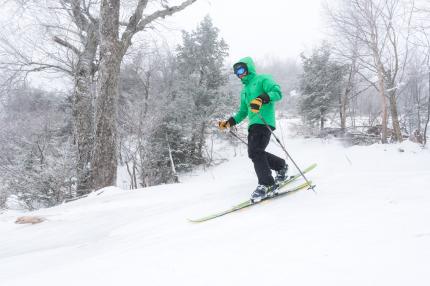 A downhill skier makes a turn on Gore Mountain.