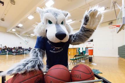 Eddy Rondack, the school mascot in the gym