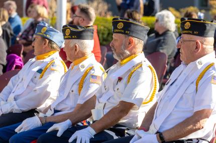 Veterans watch a Veterans Day ceremony